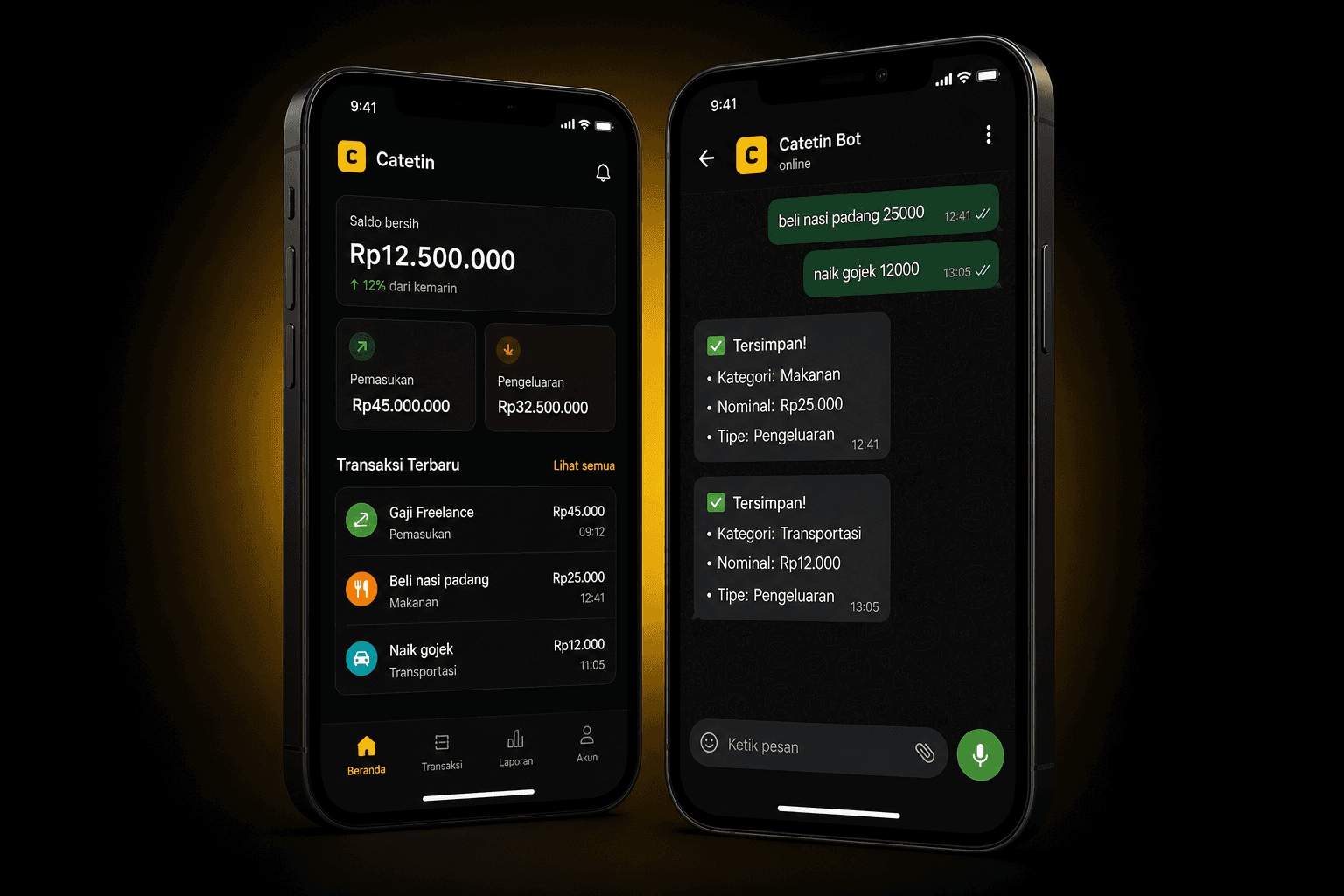 Mockup Catetin di ponsel: dashboard keuangan dan bot WhatsApp